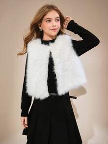 Sparklyn Thick Fleece Sleeveless Vest For Tween GirlsLoose Fit Design Allows Free Movement, Solid Color Minimalist Style Suitable For Hoodies & Sweaters, Layering For Autumn/Winter, Suitable For Daily Wear & Campus