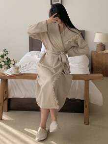 DAZY Women's Plaid Textured Fabric Lace Trim Hooded Loose Long Robe, Autumn/Winter - Khaki - View 5