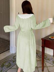 DAZY Women's Long Plush Fluffy Lace Ruffle Hem Patchwork Bathrobe, Winter - Mint Green - View 2