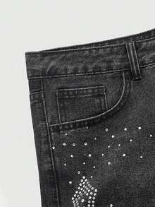 ROMWE MEN Goth Men's Loose Fit Casual Straight Leg Jeans With Cross Rhinestone Decor Pockets - Grey - View 3