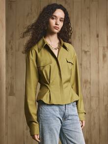 Aveloria Damen Jacke aus gewebter Baumwollmischung mit Hemdkragen und Reißverschluss, mit Fake-Taschen, geeignet für den täglichen Arbeitsweg - Senfgelb - Übersicht 3