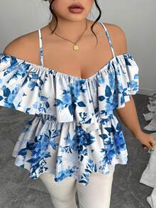 Elenzga Plus Size Elegant Off Shoulder Ruffle Trim A-Line Blouse, Spring/Summer - Blue - View 5