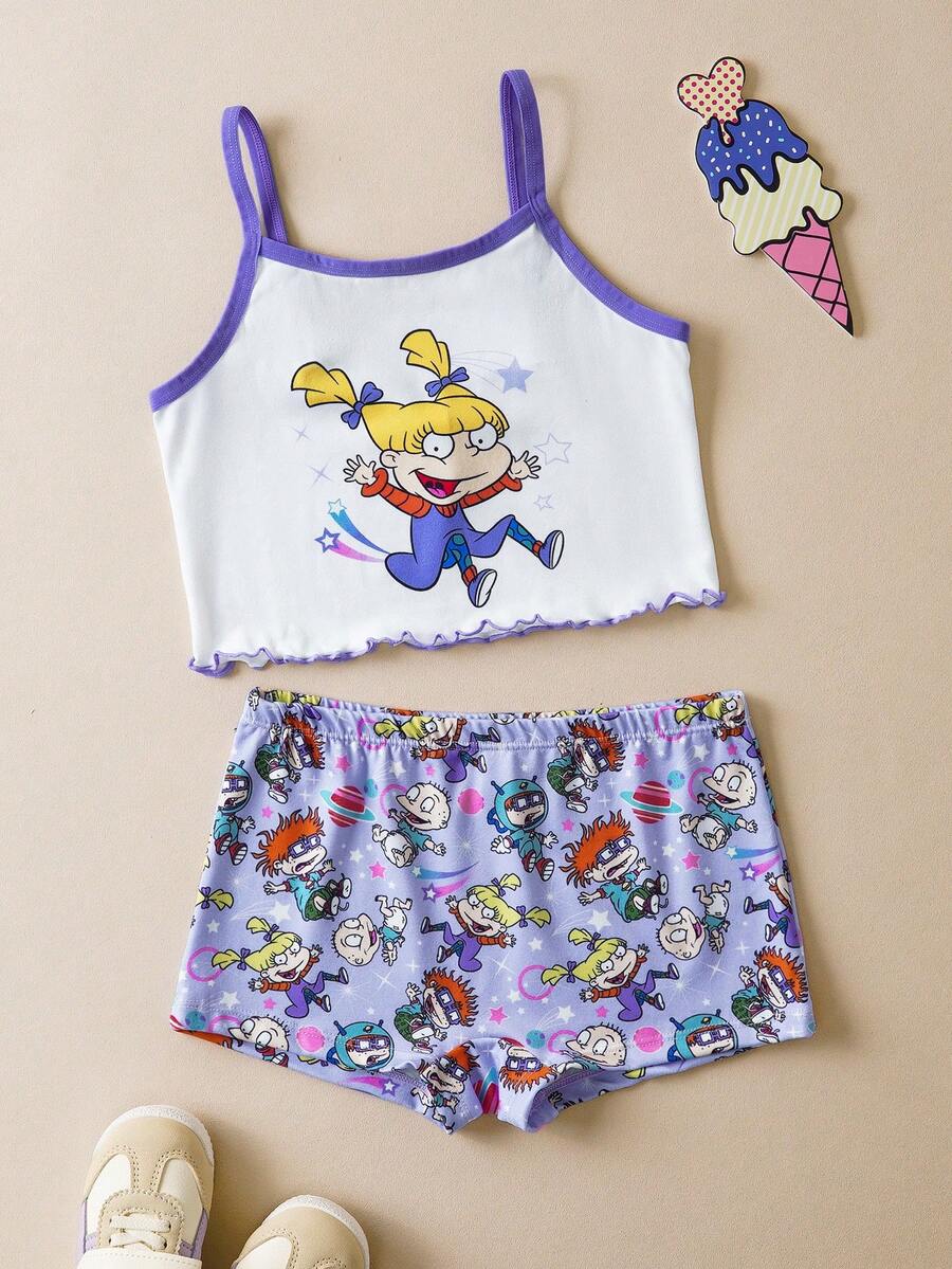 Nick 90s | SHEIN Tween Girl Cartoon Graphic Camisole And Elastic Waist Shorts Underwear Set