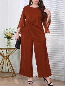 Reflora Plus Size Solid Color Mesh Patchwork Round Neck Top And Wide Leg Pants Elegant 2 Pieces Set - Burnt Orange - View 3
