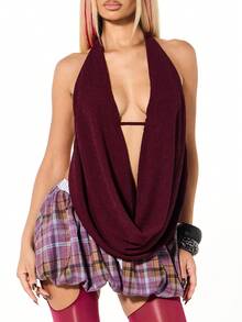 SUMWON WOMEN Draped Cowl Neck Sleeveless Backless Halter Top With Plunge Neckline For Fall Winter Layering - Burgundy - View 6
