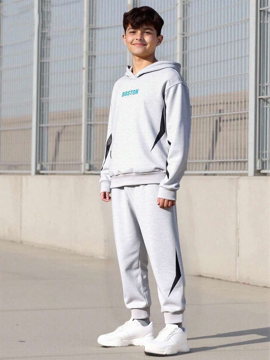 Vacaura 2 件套青少年户外休闲运动波士顿字母闪电图案连帽运动衫配运动裤,秋冬 - 灰色 - 查看 1