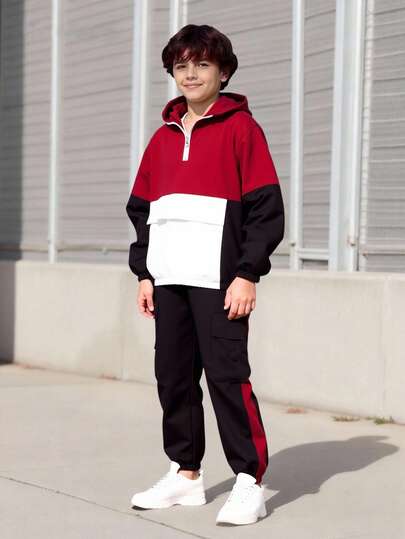 Vacaura 2 st/set för pojkar, trendig huvtröja med halv dragkedja och dragsko i fållen, avslappnade utomhusbyxor, lämpliga för alla årstider