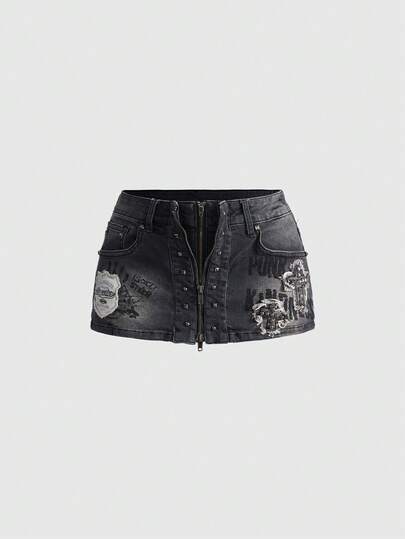 Grunge Punk Shorts vaqueros de mujer con decoración de remaches, bordado de estrellas y estampado de palmas, con efecto vintage desgastado y estilo punk Y2K