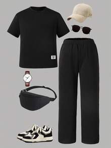 Vacaura 2er-Set Jungen Minimalistisches Crewneck Outfit – Oversize Schulter-Top mit Marken-Detail, schlichte gerade Hose, angenehmes Material für Sommer & Herbst