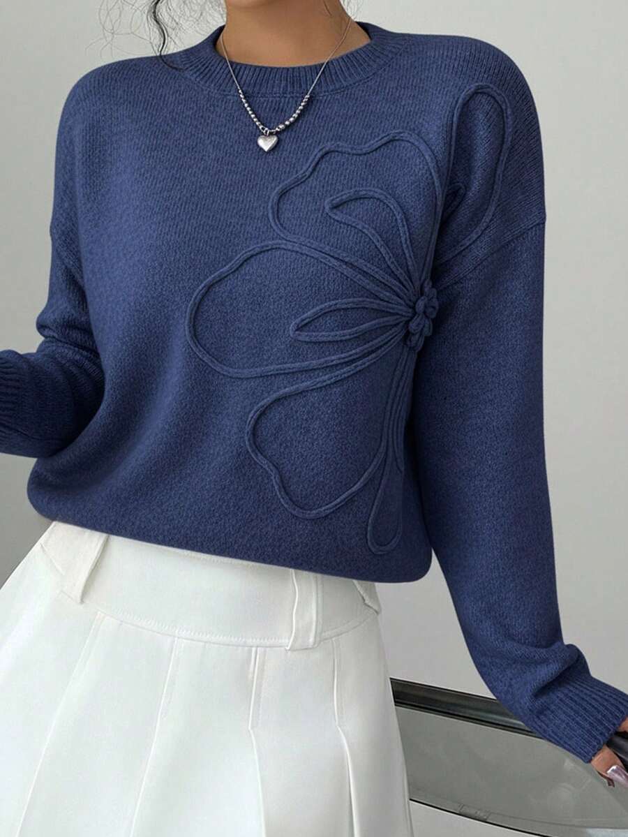 SHEIN Teen Girls Floral Pattern Solid Color Crew Neck Sweater, 3D Flower Decor, Suitable For Winter, Halloween - Navy Blue - View 1