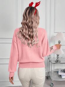 LanaWest Women's Casual Christmas Patchwork Sequin Snowflake Pattern Dropped Shoulder Loose Knit Sweater, Autumn/Winter - Pink - View 2