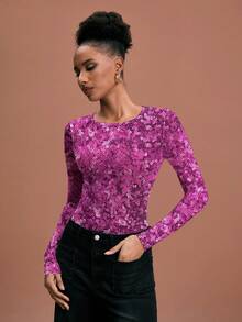 Glamance Vecteezy Women's Y2K All-Over Print Crew Neck Long Sleeve Fitted Fashionable Top Sequin Top Women Long Sleeve Top Women Purple Top Women Sparkle Top Glitter Top Women - Multicolor - View 4
