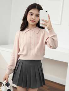 SHEIN 秋冬款青少年女童休闲宽松翻领长袖毛衣 - 粉色 - 查看 7