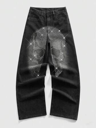 Street Life جينز فضفاض مطرز بالراين ستون بتصميم جمجمة للرجال بطراز الموضة الشارعية