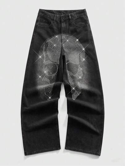 Street Life جينز فضفاض مطرز بالراين ستون بتصميم جمجمة للرجال بطراز الموضة الشارعية