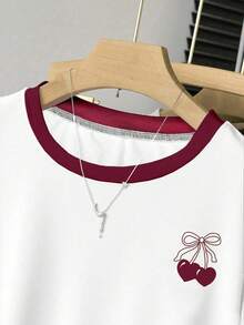 INAWLY Summer Contrast Collar Stylish Top, Casual Versatile Women T-Shirt, Daily Wear, Sweet Cherry Print Design, Outdoor, Date - Multicolor - View 5