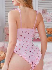 Ruffled Strap Romper With Cute Cherry Print For Women
