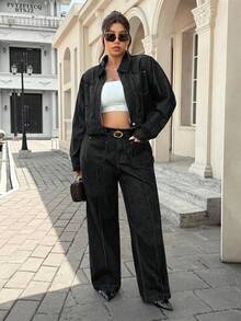 SHEIN ICON جاكيت كاجوال مغسول للنساء ذوات الحجم الكبير - الأسود - مشاهدة 5