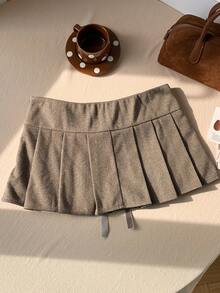 Comfortcana Plus Size Autumn/Winter Lace-Up Pleated Mini Skirt Khaki Skirts Brown Skirts Pleated Skirt Women Skirts - Multicolor - View 2