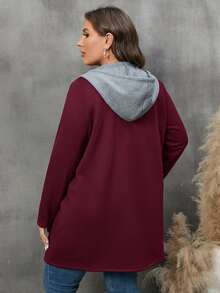 SHEIN PETITE CURVE Plus 双口袋冬季女装抽绳连帽外套 - 酒紅色 - 查看 2