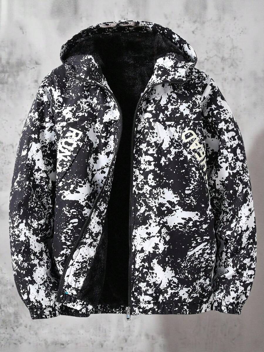 SHEIN Vacaura Tween Boy Outdoor Casual Fashionable Camouflage Hooded Jacket With Thermal Lining, Autumn/Winter - Black - View 1