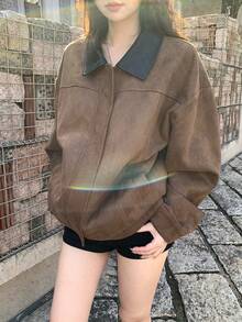 DAZY 女士PU拼接撞色长袖常规款外套，秋冬女式外套 - 咖啡棕 - 查看 5