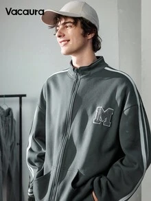 Vacaura 青少年男孩休闲运动学院风条纹字母贴布针织领夹克搭配运动裤套装，秋冬 - 灰色 - 查看 4