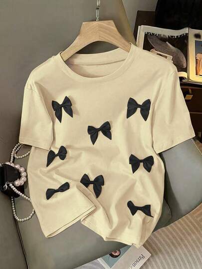 Franclia 女士休闲H型圆领3D蝴蝶结短袖粉色T恤，夏季