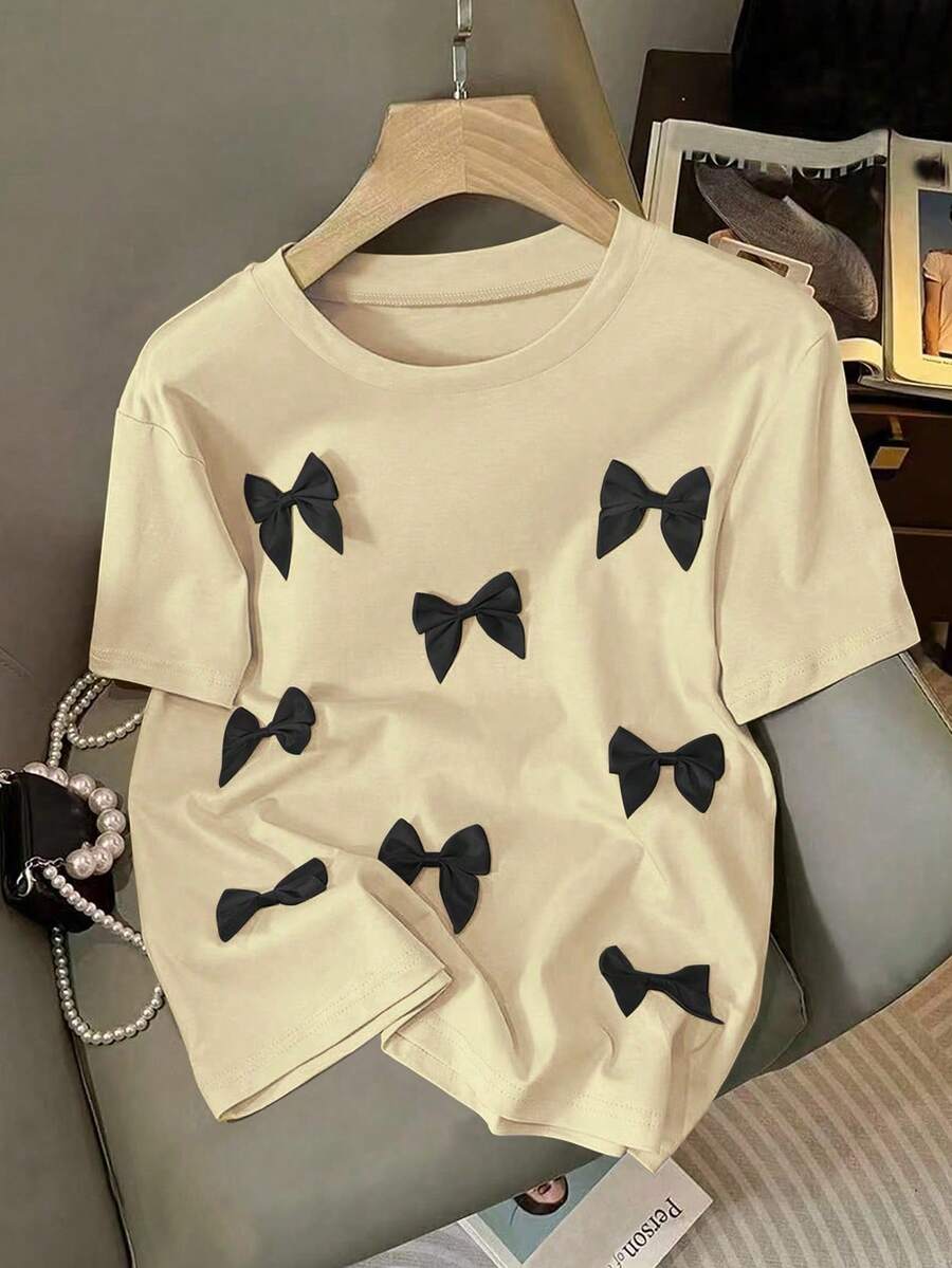 Franclia 女士休闲H型圆领3D蝴蝶结短袖粉色T恤，夏季 - 杏色 - 查看 1