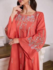 SHEIN Najma 女士优雅刺绣圆领长袖睡袍 - 亮橙色 - 查看 1
