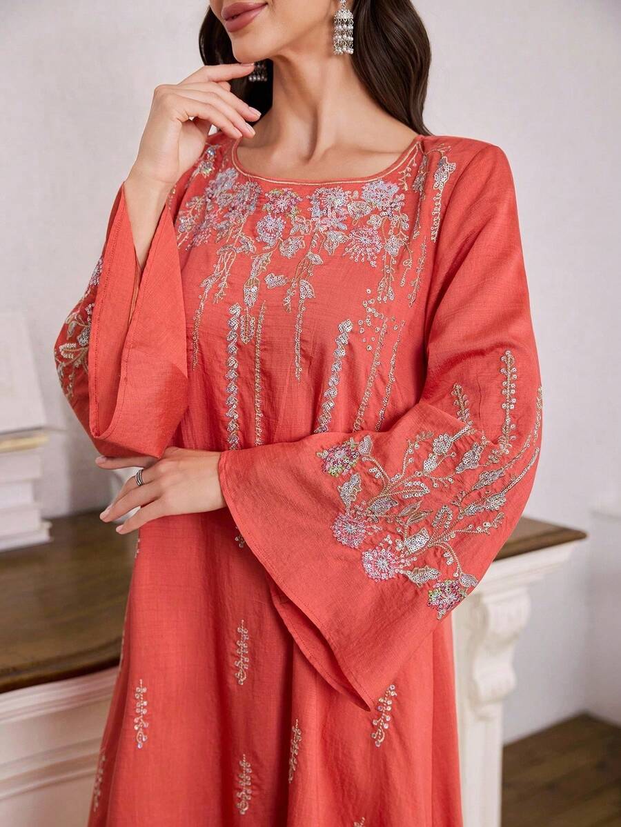 SHEIN Najma 女士优雅刺绣圆领长袖睡袍 - 亮橙色 - 查看 1