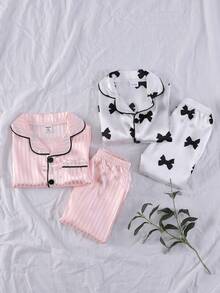 Baby Girls Satain Pajamas-2 Piece Collared Long Sleeve Button Front Pajama Set With Long Pants Pink Striped And White Bow Print Black Piping All Season Sleepwear Cozy Gentle For Naptime Playtime Family Matching Gift 2026 Holiday Must Have Spring To Summer - Multicolor - View 8