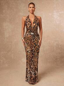 Lumalex V-Neck Sleeveless Cinched Waist Ruched Leopard Print Dress For Women - Khaki - View 1