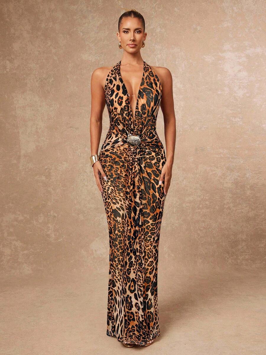 Lumalex V-Neck Sleeveless Cinched Waist Ruched Leopard Print Dress For Women - Khaki - View 1