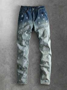 ROMWE MEN Street Life Quần jean skinny nam co giãn, họa tiết thêu hoa. - Rửa trung bình - Xem 8