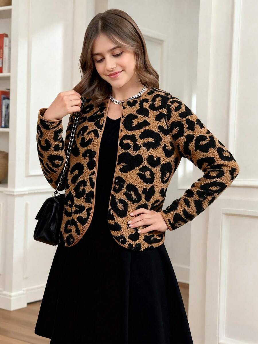Casual Oversized Leopard Print Long Sleeve Round Neck Loose Fuzzy Jacket, Suitable For Teen Girlin Winter - Coffee Brown - View 1