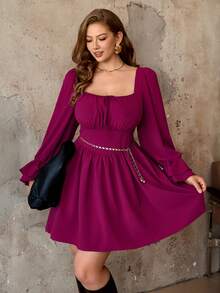 Roveilla 大码女士优雅复古系带袖口喇叭袖方领收腰A字连衣裙，深紫色，维多利亚文艺复兴风格，秋冬款 - 中紫紅色 - 查看 4