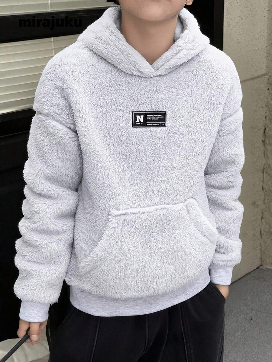 SHEIN 男童双面连帽抓绒卫衣,休闲灰色 - 灰色 - 查看 1