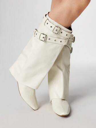 Grunge Punk Botas de punta cuadrada para mujer, botas tubo para pantalones, botas de cuña plana oculta de estilo retro para otoño/invierno, botas versátiles hasta la rodilla