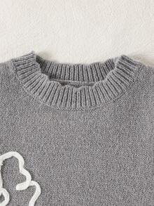 SHEIN Playful Pals Set 2 buc/set pulovere mov pentru fete tinere, drăguț și elegant cu imprimeu floral francez, pulover tricotat cu guler rotund + pantaloni tricotați cu decor cu linie, seturi de pulovere pentru fete toamnă/iarnă, seturi de iarnă pentru fete tinere, costume de primăvară și toamnă, haine pentru fete, haine de toamnă și iarnă, mami și cu mine, set tricotat asortat pentru fete mari, soră mai mare - Gri - Vizualizare 4