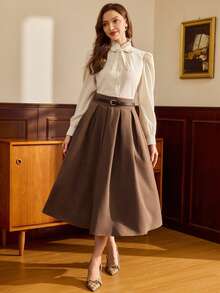 Vintamour 复古经典优雅女士半身裙，秋冬款，宽松腰身带口袋，喇叭裙摆，咖啡棕色 - 咖啡棕 - 查看 6