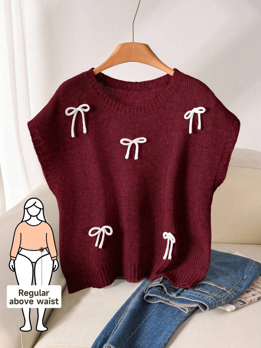 CosyJoli Plus Size Casual 3D Bow Round Neck Batwing Sleeve Loose Knit Top