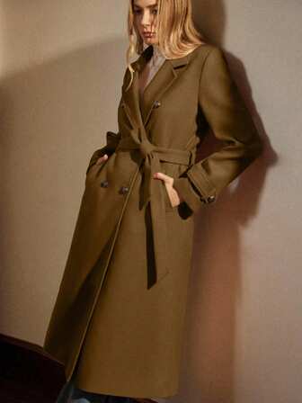 Écloséra 新款秋冬女士双排扣长款羊毛大衣，配腰带