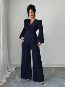 Elenzga 女士优雅酒红色交叉系带腰身花卉拼接法式A字长袖衬衫，喇叭袖，两件套，适合春秋季穿着 - 藏蓝色 - 查看 6