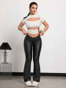 Jeanoix Millennium Design Criss-Cross Elastic Waist Skinny Flare Women's Black Coated Pants - Black - View 4