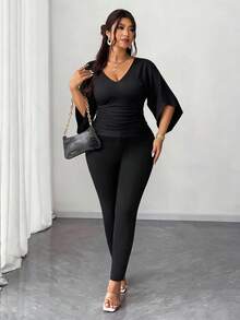 Elenzga 大码束腰休闲法式百搭T恤 - 黑色 - 查看 3