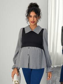 Momance Maternity Casual Plaid Puff Sleeve Shirt, Autumn