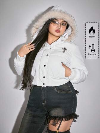 Goth Plus Size Women Padded Coat With Cross Embroidery On Chest, White Padded Coat For Autumn/Winter, Plus Size Women Casual Padded Coat For Christmas, Daily Commute, Streetwear