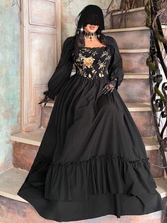 Lyrianda Plus Size Medieval Jacquard Vintage Palace Princess Elegant Ruffle Hem A-Line Floor Length Dress For Women, Autumn/Winter