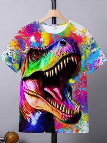 SHEIN Fantacosmos Tween Boy Round Neck 3D Dinosaur Graphic Short Sleeve T-Shirt, Summer - White - View 4